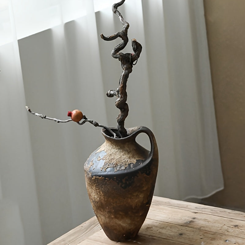 Handmade Ceramic Vase with Ancient Stone Effect and Rustic Handle