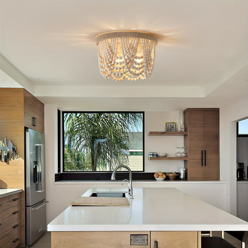 Boho Wood Bead Semi-Flush Mount Ceiling Light E26/E27