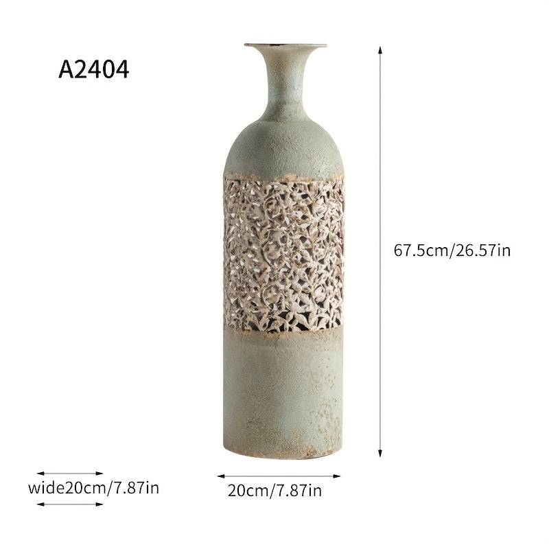 Vintage Cast Iron Floor Vase 52-67cm Pierced Floral Motif - Rustic Shabby Chic Design for Living Room - Elegant Decoration for Dried and Artificial Flowers