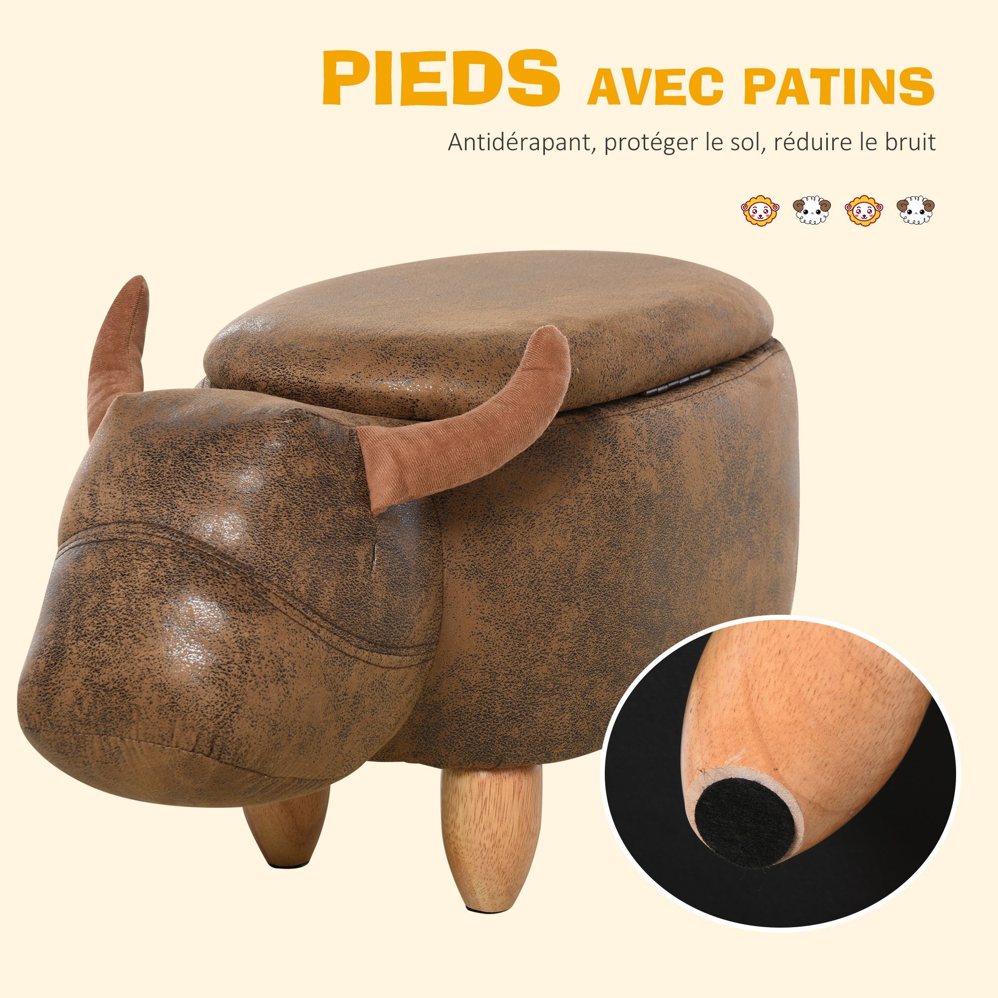 Pouf Contenitore Mucca con Stoccaggio Ecopelle Vintage Gambe Legno