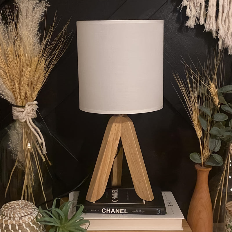 Wooden Tripod Table Lamp with Fabric Lampshade - Modern Scandinavian Design for Bedroom, Study, and Living Room