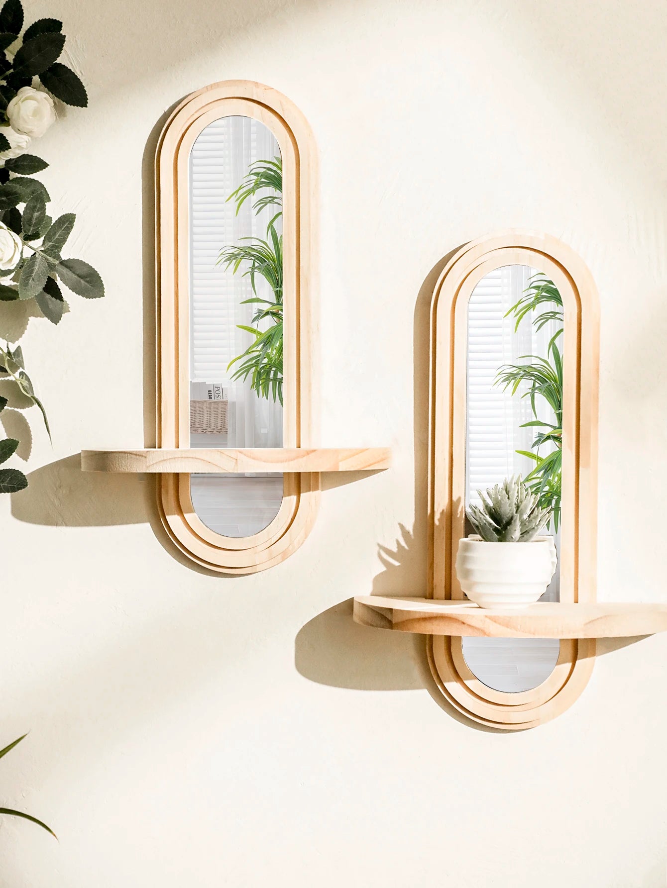 Mensola da Parete in Legno con Specchio Integrato Design Arco Boho