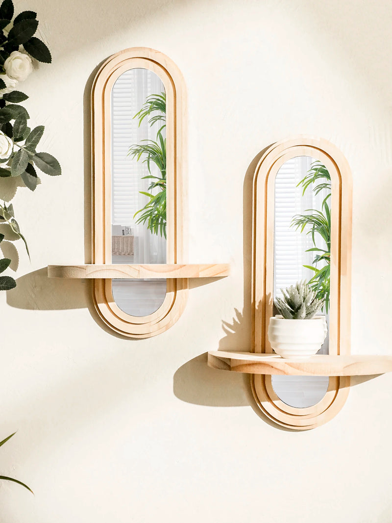 Wooden Wall Shelf with Integrated Boho Arch Design Mirror