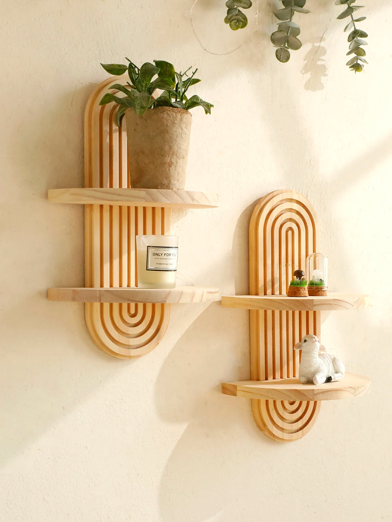 Natural Wood Wall Shelf Geometric Boho Design