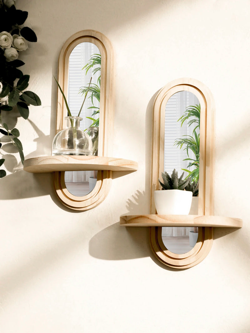 Wooden Wall Shelf with Integrated Boho Arch Design Mirror