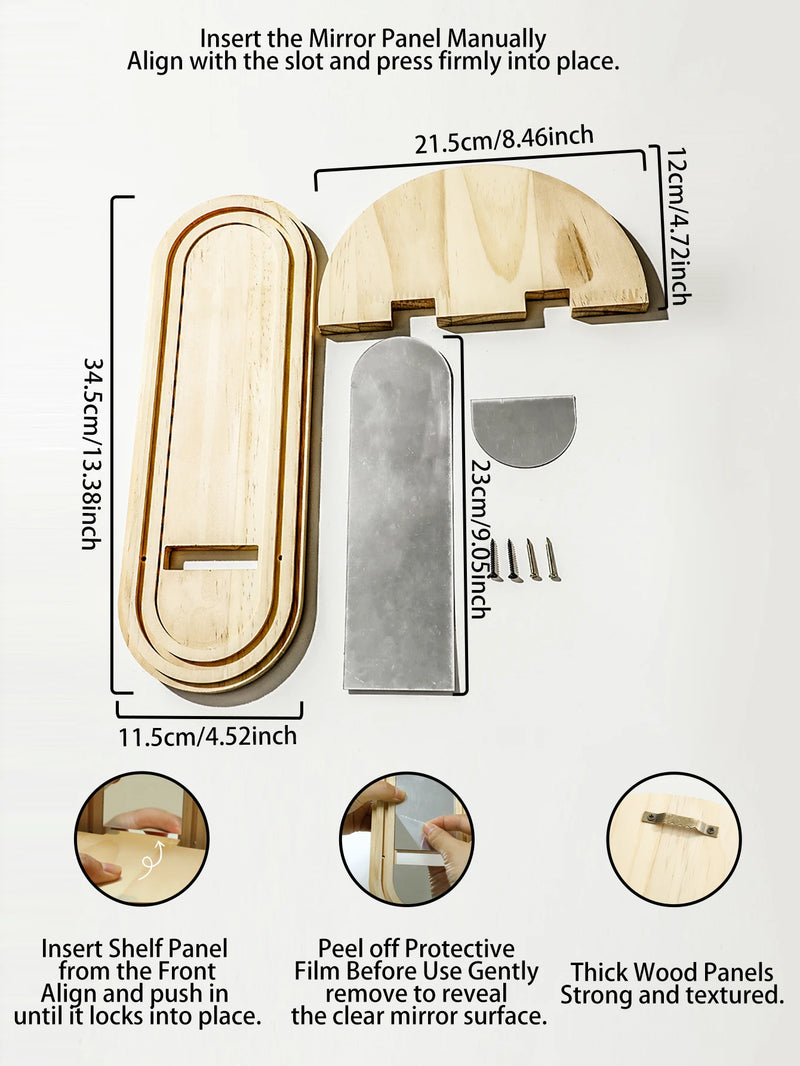 Wooden Wall Shelf with Integrated Boho Arch Design Mirror