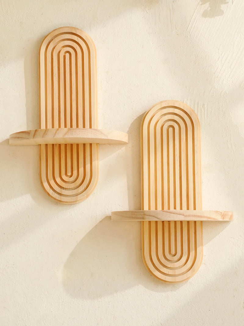 Natural Wood Wall Shelf Geometric Boho Design