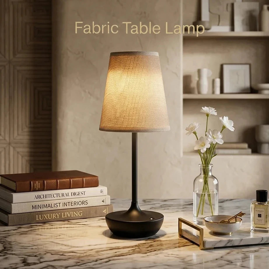 TESSA rechargeable table lamp with a fabric shade