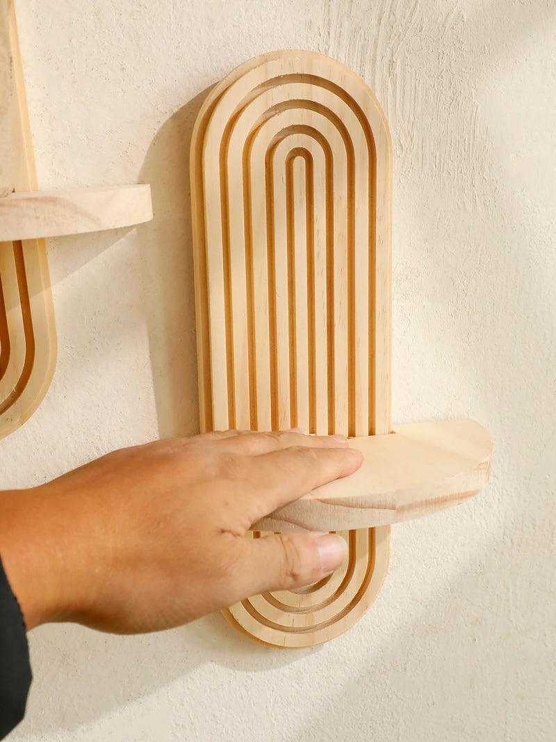 Natural Wood Wall Shelf Geometric Boho Design