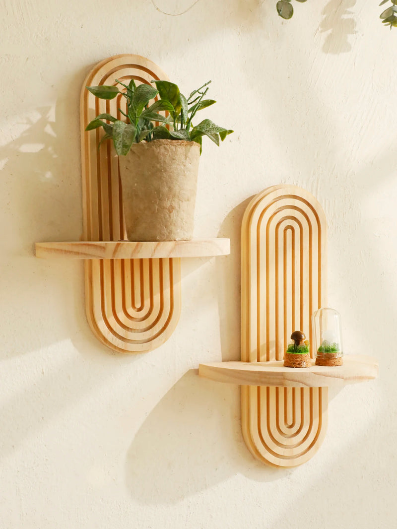 Natural Wood Wall Shelf Geometric Boho Design