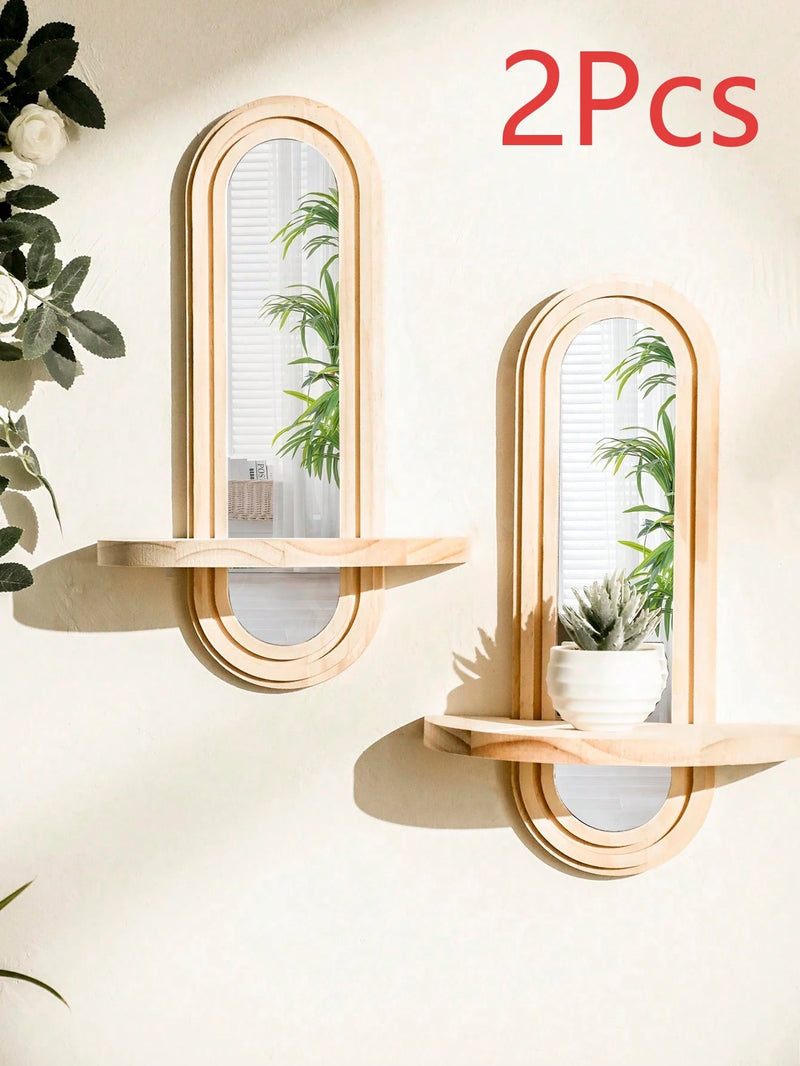 Wooden Wall Shelf with Integrated Boho Arch Design Mirror