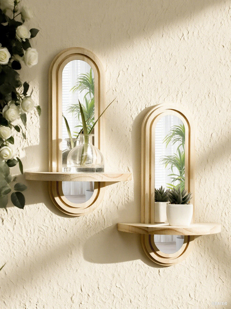 Wooden Wall Shelf with Integrated Boho Arch Design Mirror