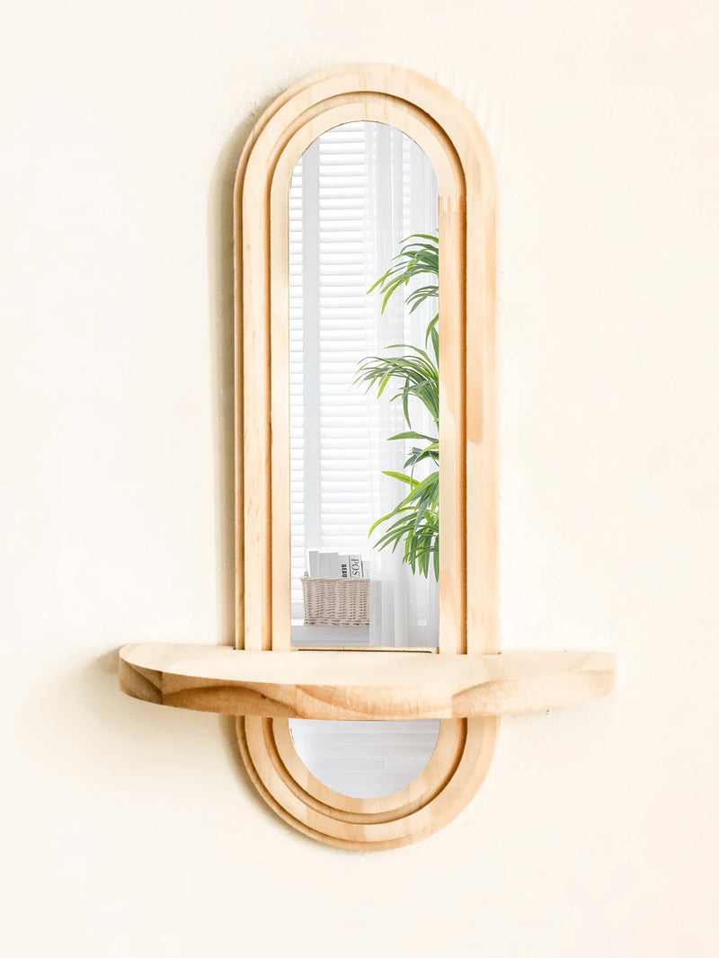 Wooden Wall Shelf with Integrated Boho Arch Design Mirror
