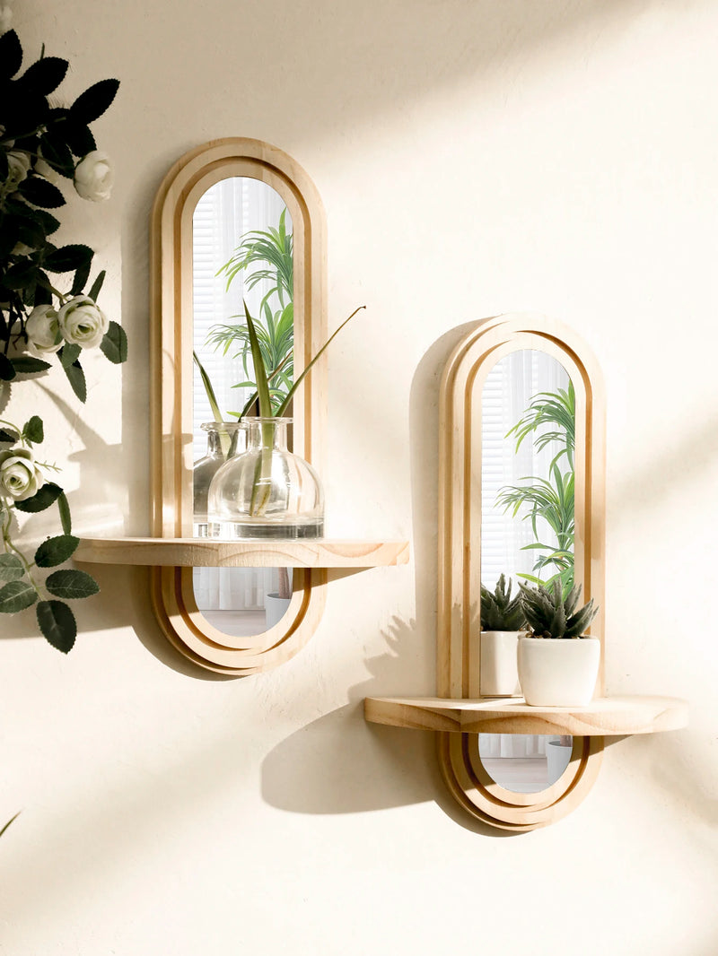 Wooden Wall Shelf with Integrated Boho Arch Design Mirror