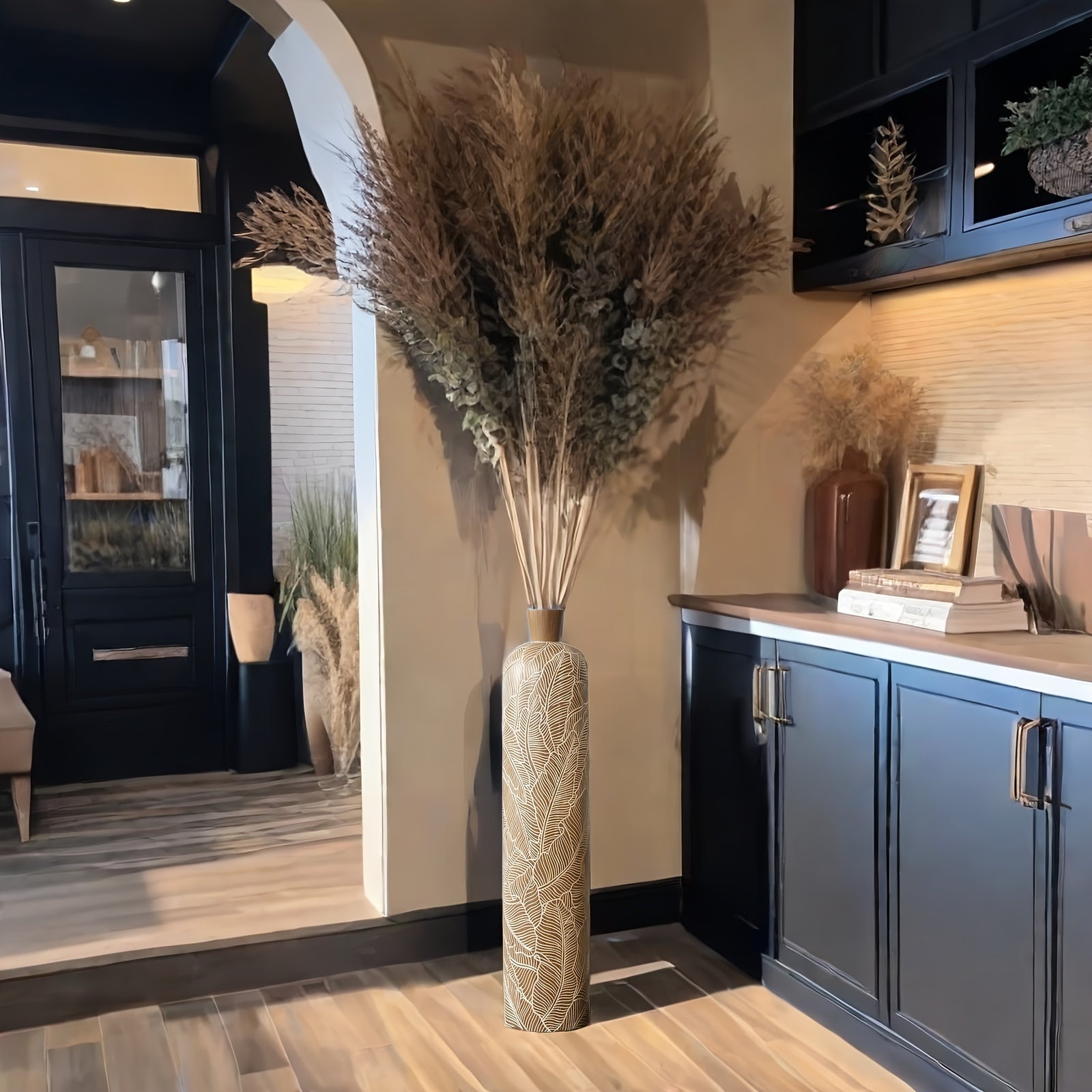 Vaso da Terra M Decorativo 60cm Motivo Foglie - Design Boho Chic per Erba Pampas, Soggiorno e Ingresso