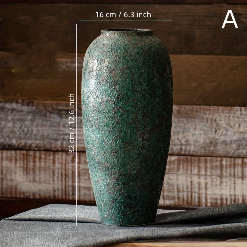 Vintage Handmade Green Ceramic Vase with Craquelure Effect