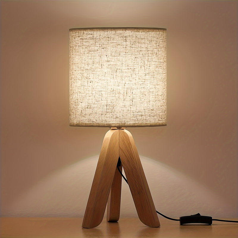 Wooden Tripod Table Lamp with Fabric Lampshade - Modern Scandinavian Design for Bedroom, Study, and Living Room