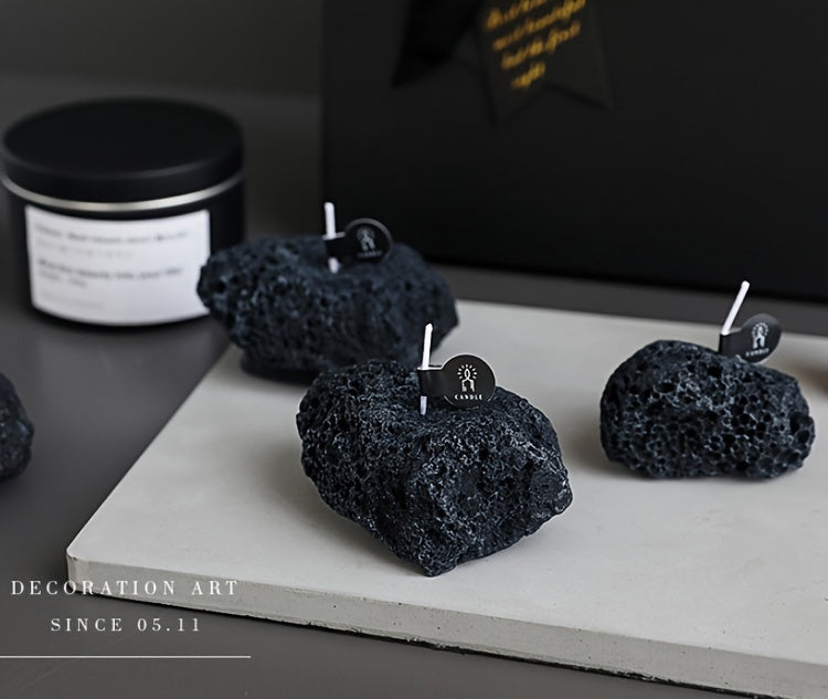 Set of 3 ASTRUM Meteorite Candles - Scented Soy Wax with Volcanic Stone Effect Containers
