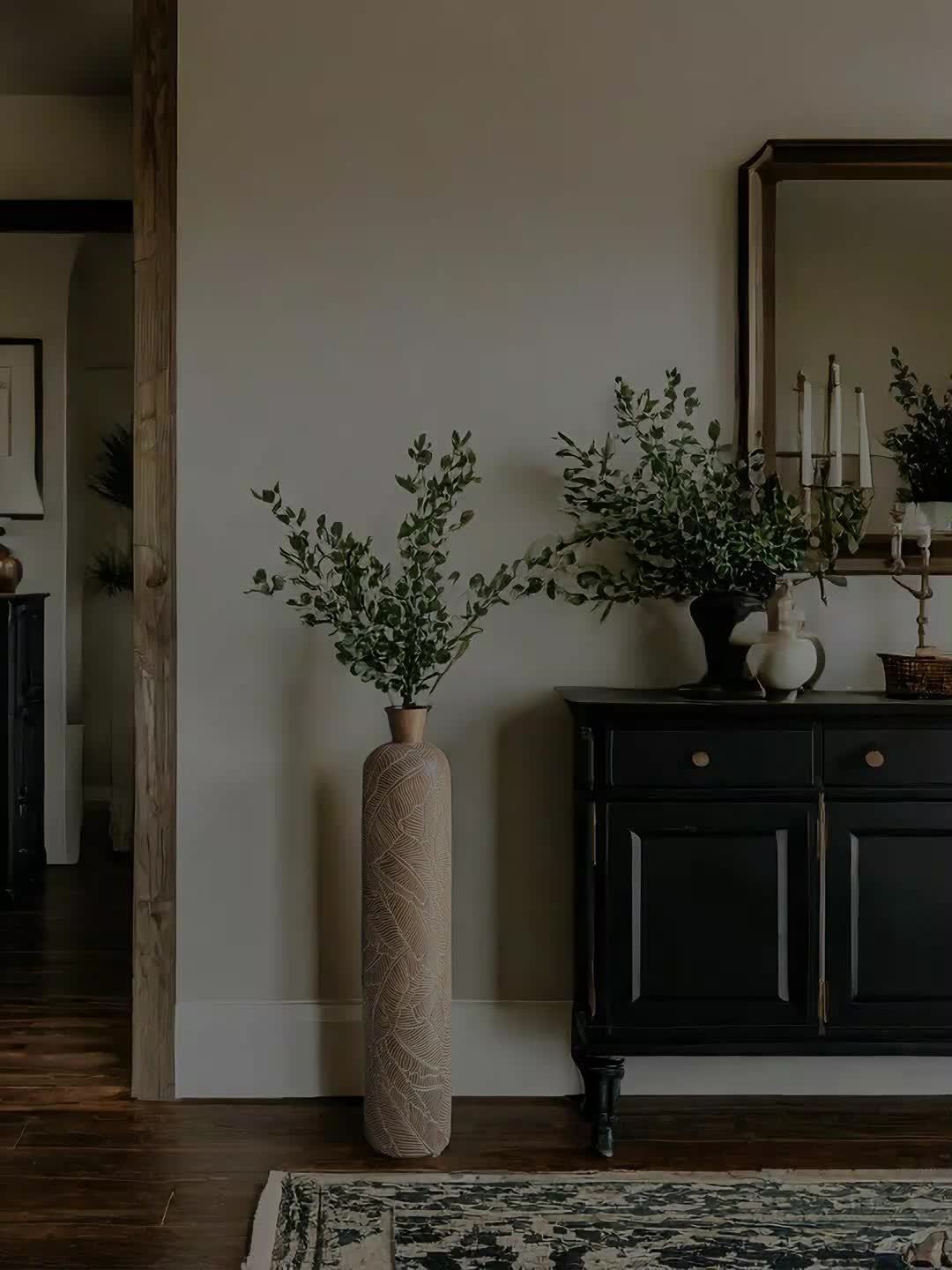 Vaso da Terra L Decorativo 75cm Motivo Foglie - Design Botanico Beige Crema per Pampas Grass - Arredo Soggiorno Ingresso