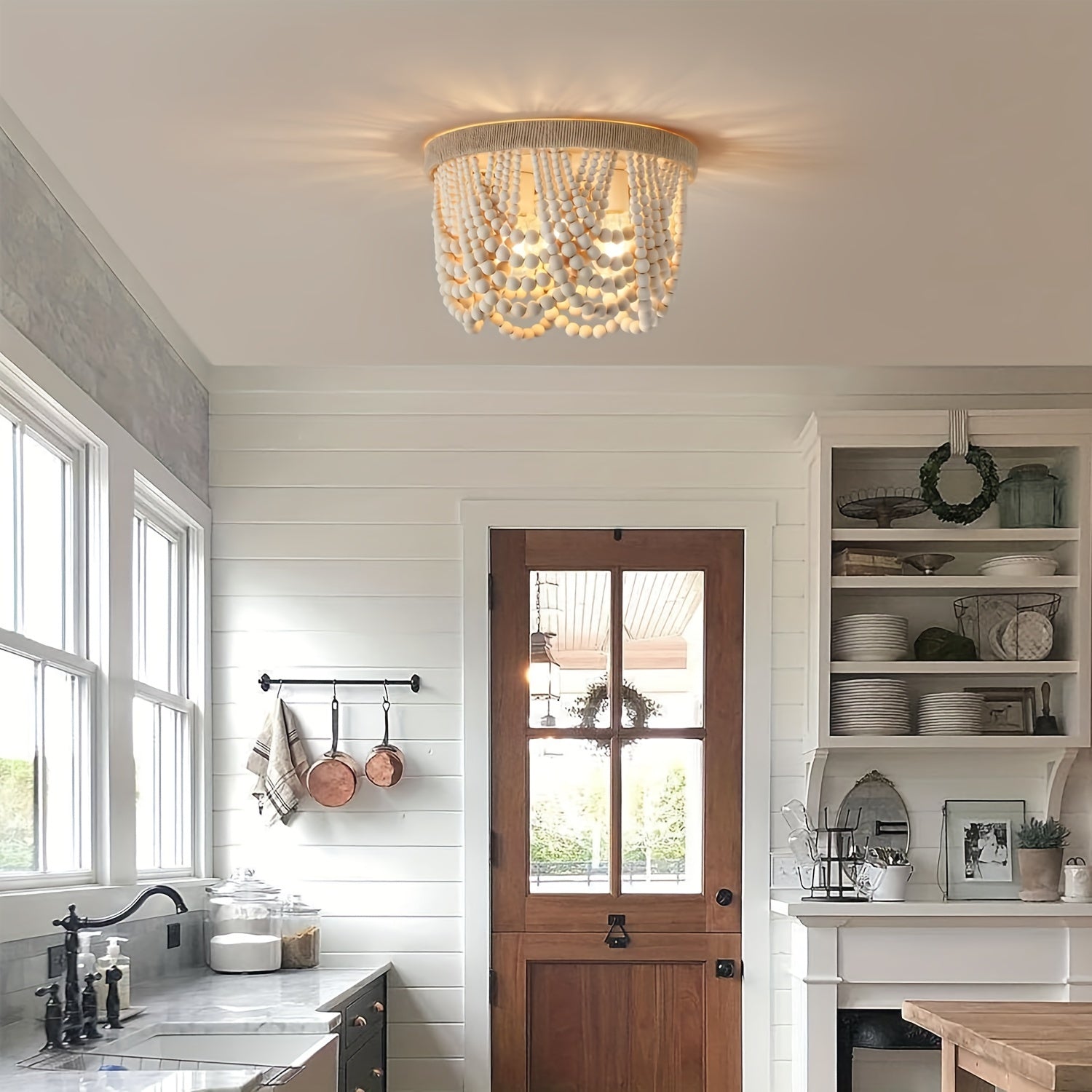 Plafoniera Boho Perle Legno Naturale Semi-Flush E26/E27