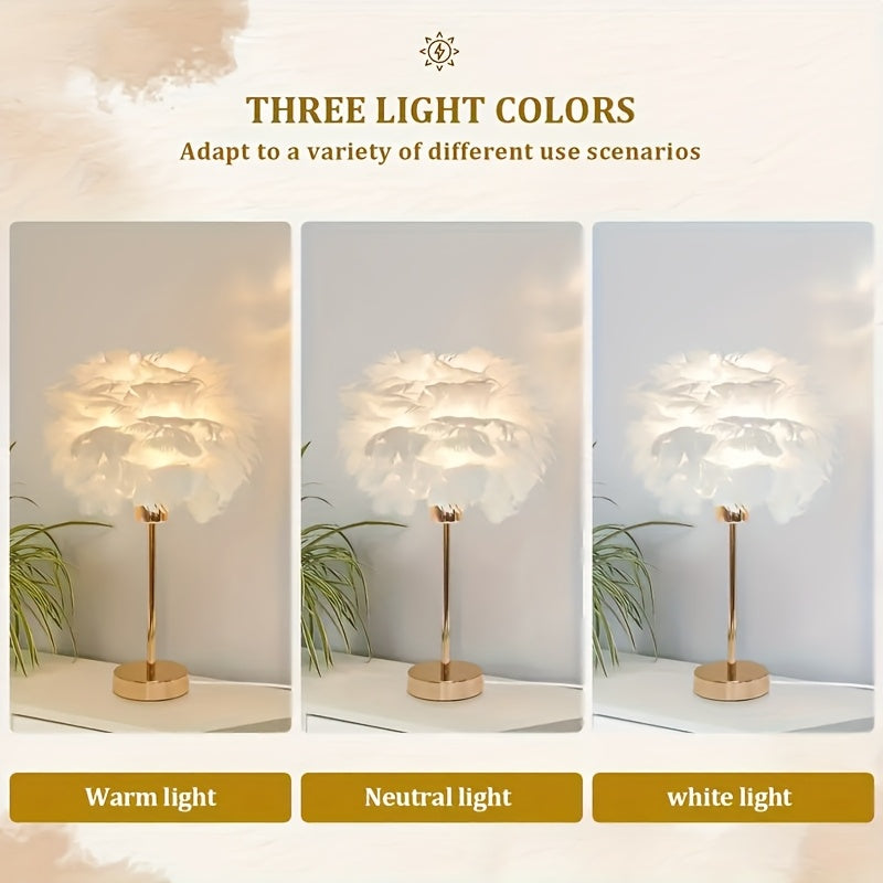 Table Lamp White Feather Effect 3 Light Tones USB