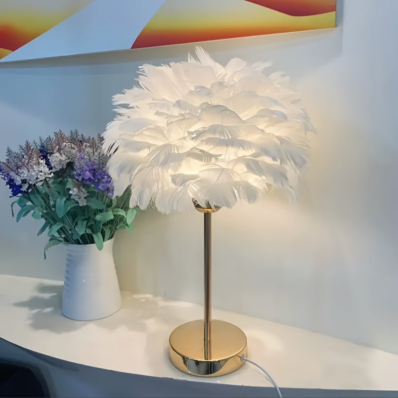 Table Lamp White Feather Effect 3 Light Tones USB