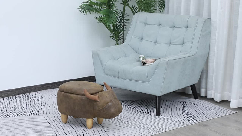Cow Storage Ottoman Vintage Faux Leather Wooden Legs
