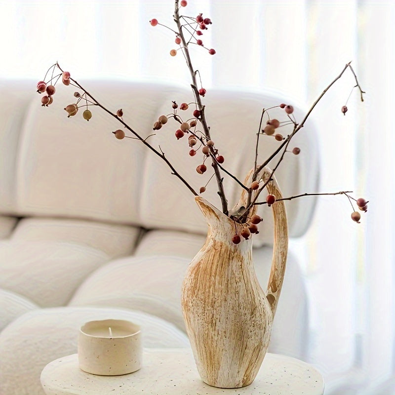 SYLVA Wood Effect Ceramic Vase - Country Cottage Design with Decorative Handle 24cm