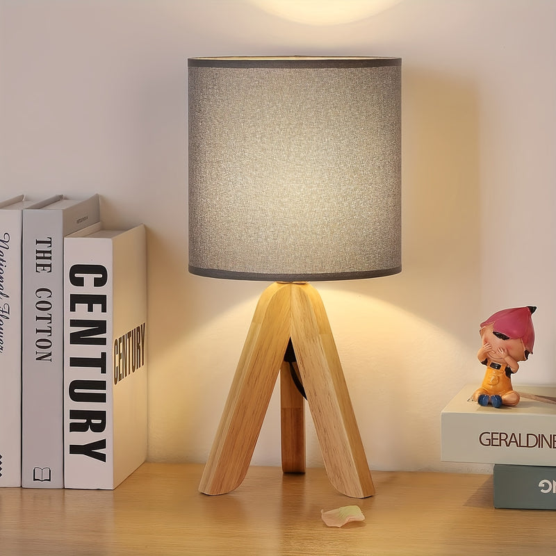 Wooden Tripod Table Lamp with Fabric Lampshade - Modern Scandinavian Design for Bedroom, Study, and Living Room