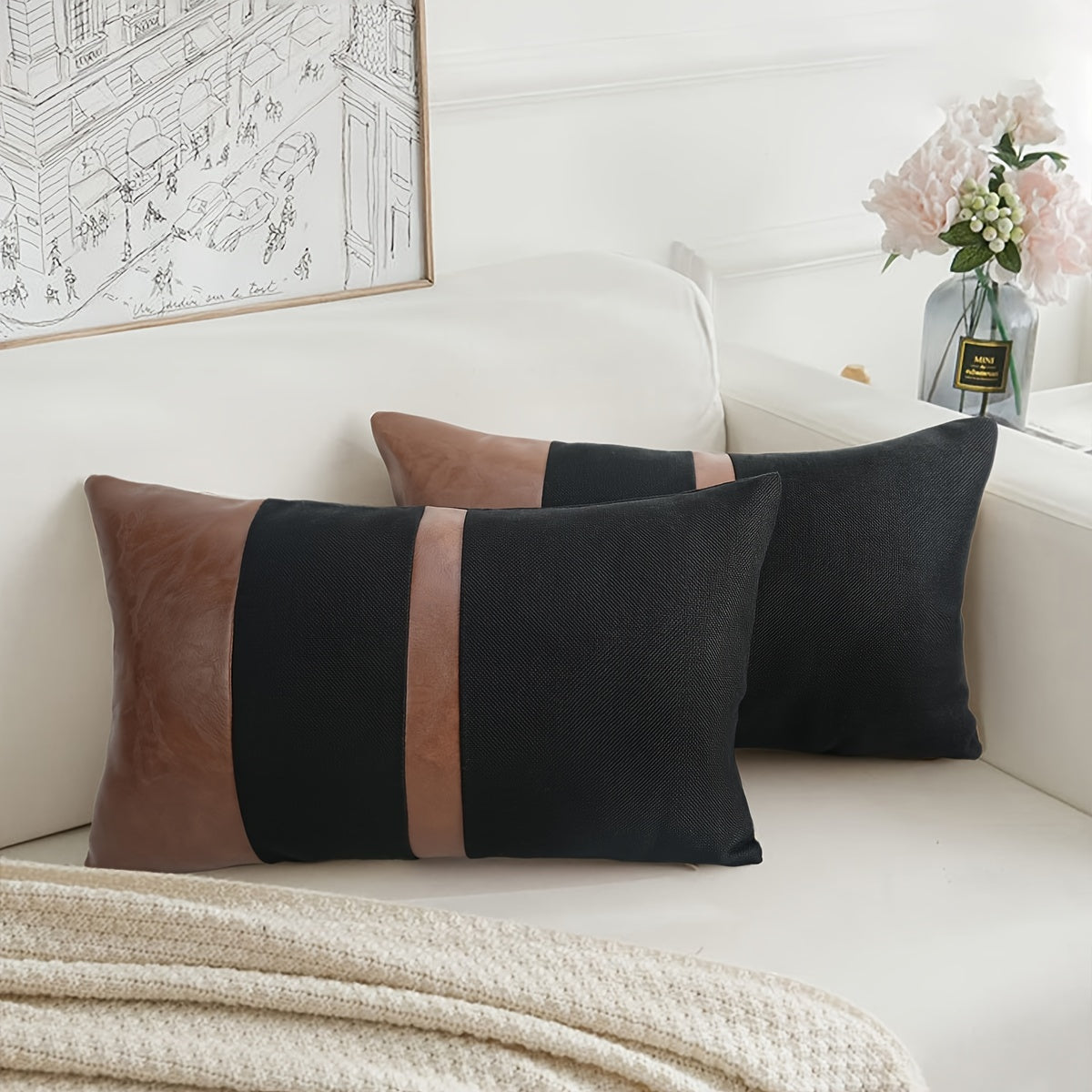 Set 2 Federe Decorative 50x30cm Ecopelle e Nero - Design Geometrico Contemporaneo