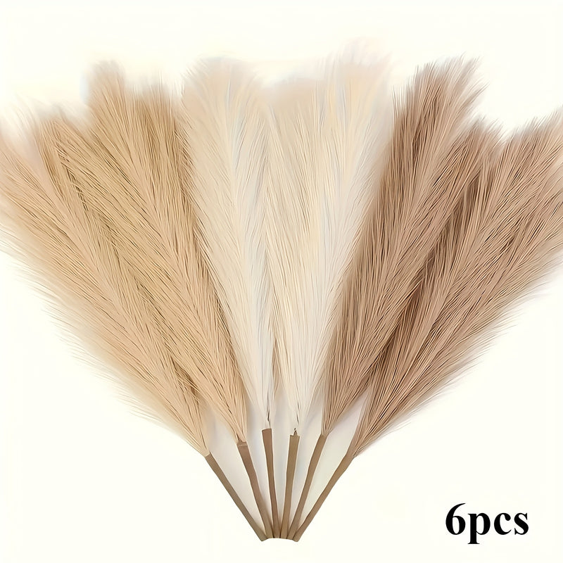 Decorative Pampas Grass Set 6 Pieces - Natural Beige Fluffy Plumes for Vases and Boho Chic Decor