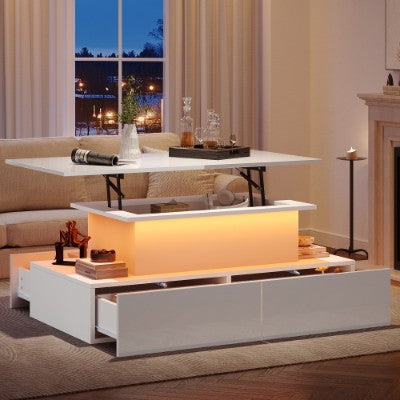 LED Coffee Table with 4 Drawers and Lift-Top - Modern Glossy White Design 90x55cm
