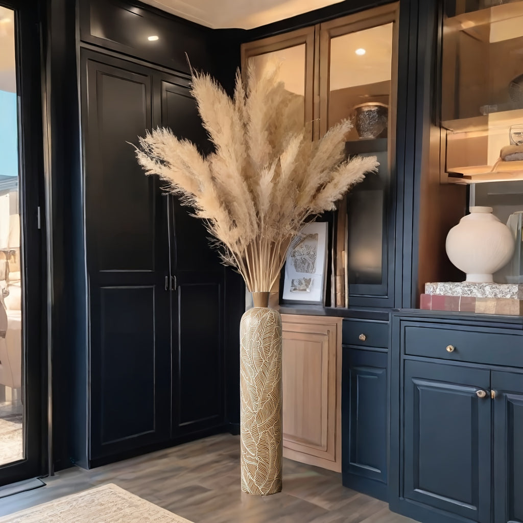 Vaso da Terra L Decorativo 75cm Motivo Foglie - Design Botanico Beige Crema per Pampas Grass - Arredo Soggiorno Ingresso