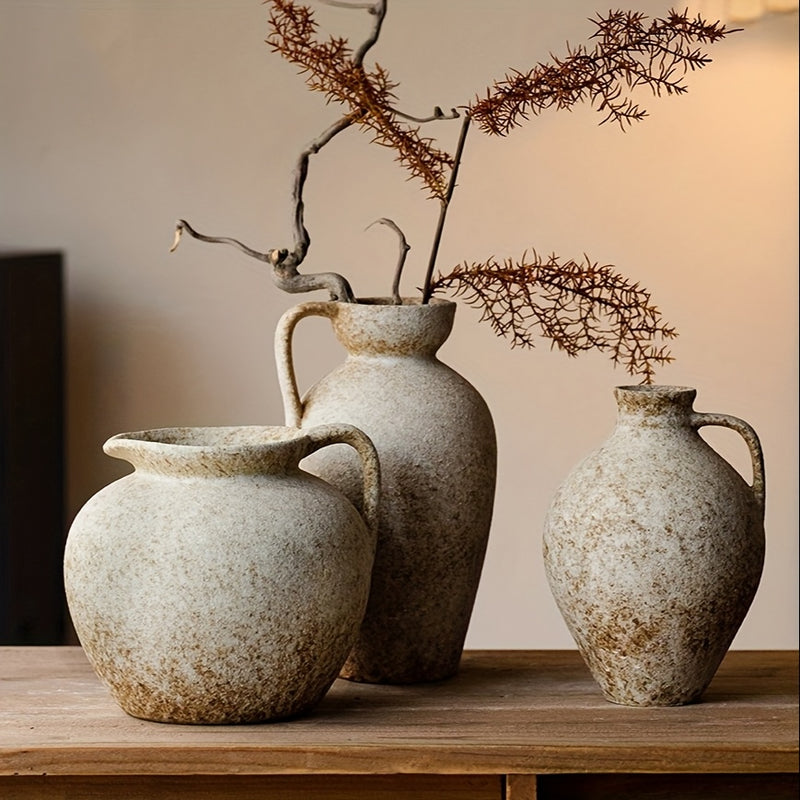 Handmade Ceramic Vase, Antique Effect with Handle, Rustic Style