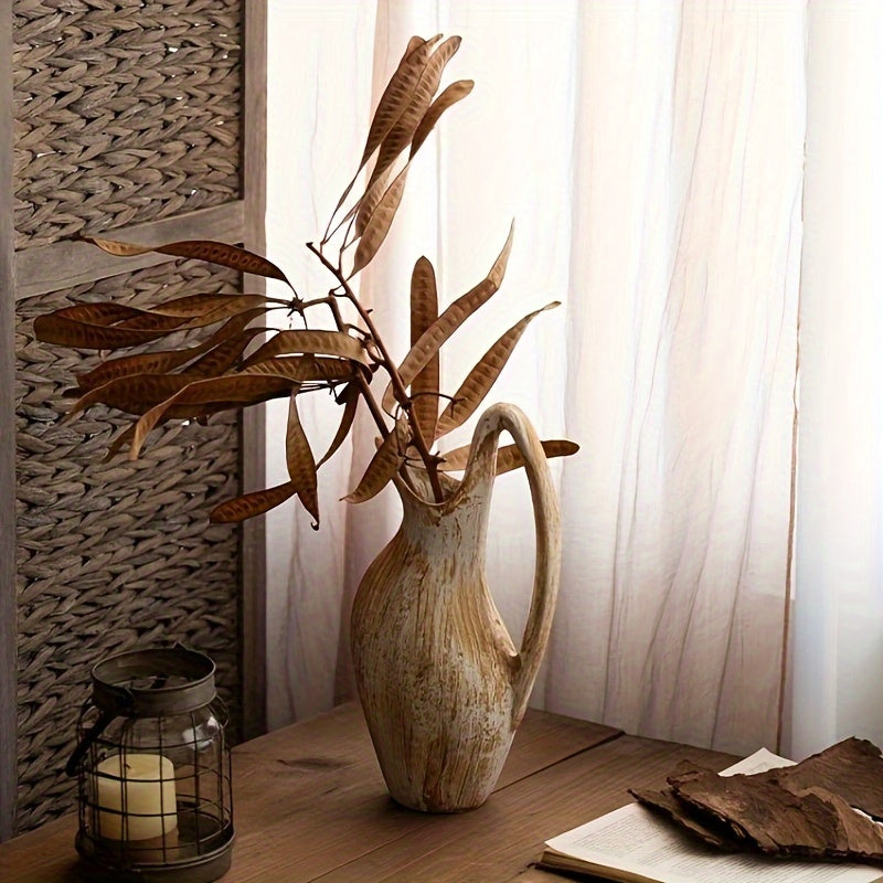 SYLVA Wood Effect Ceramic Vase - Country Cottage Design with Decorative Handle 24cm