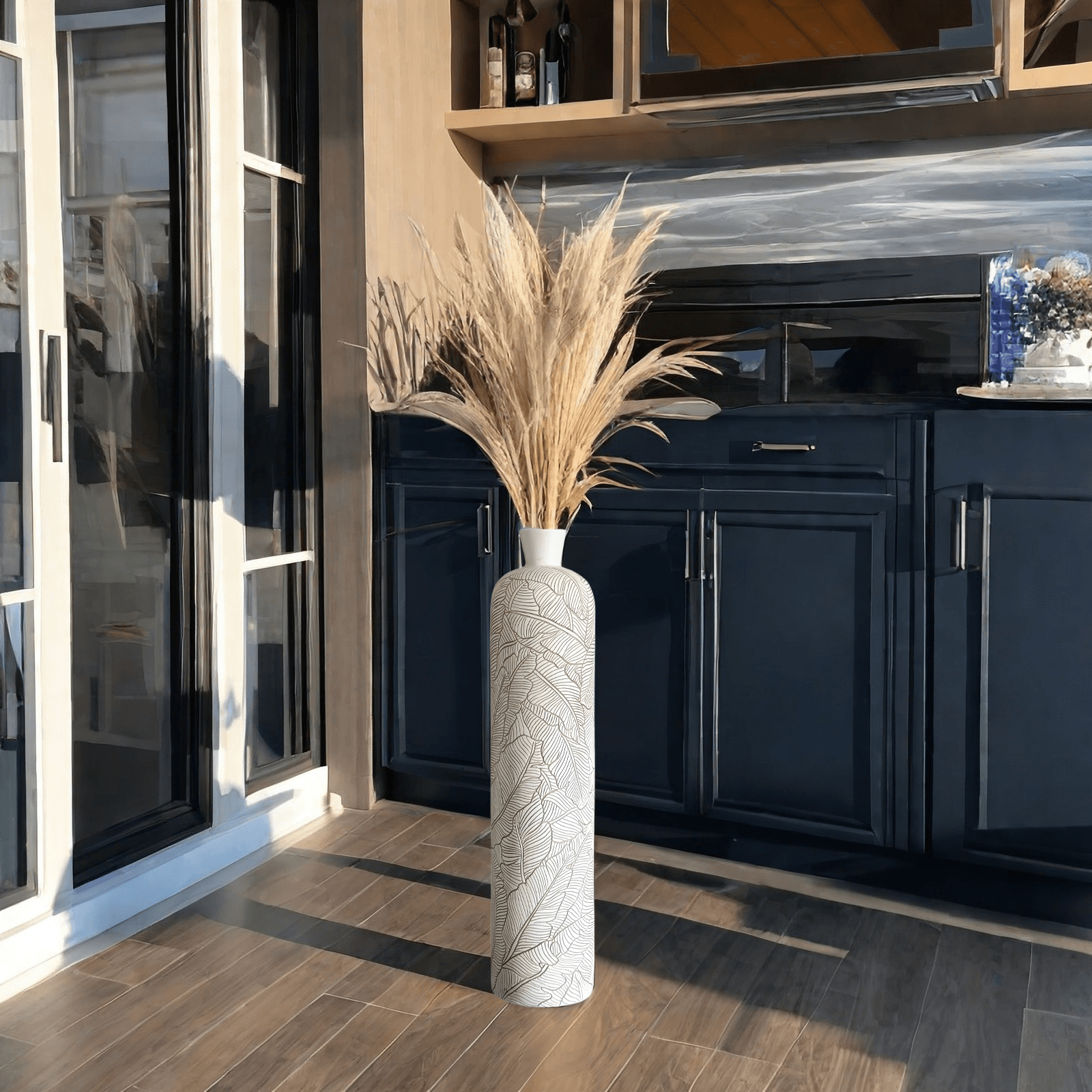 Vaso da Terra M Decorativo 60cm Motivo Foglie - Design Boho Chic per Erba Pampas, Soggiorno e Ingresso