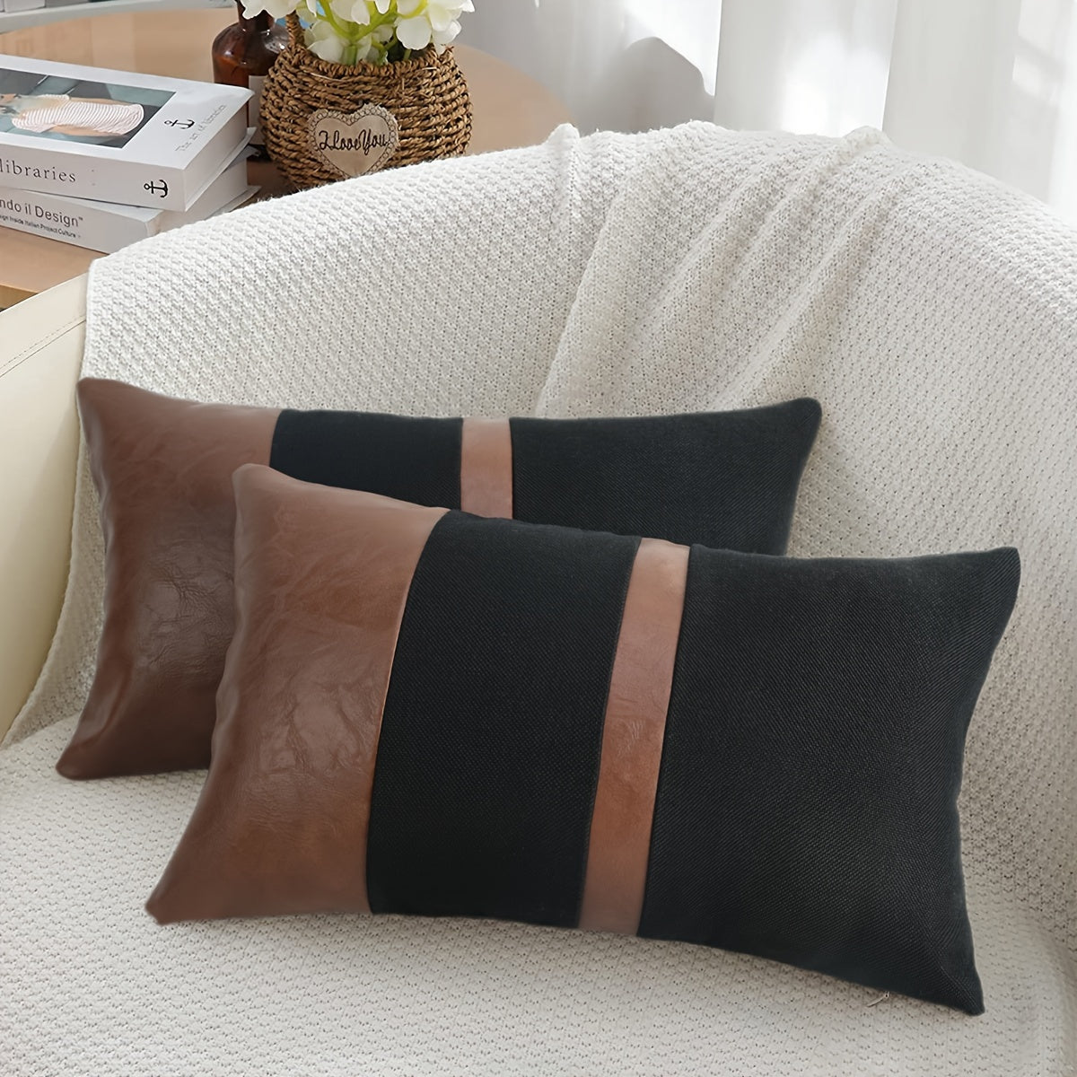 Set 2 Federe Decorative 50x30cm Ecopelle e Nero - Design Geometrico Contemporaneo