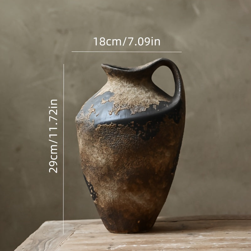 Handmade Ceramic Vase with Ancient Stone Effect and Rustic Handle