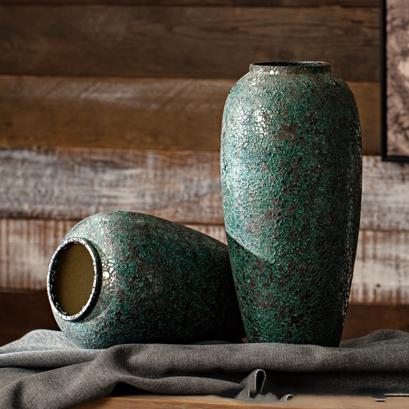 Vintage Handmade Green Ceramic Vase with Craquelure Effect