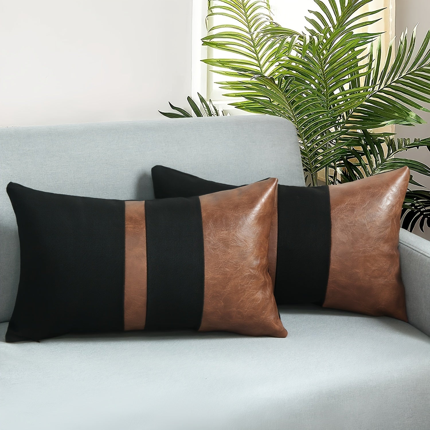 Set 2 Federe Decorative 50x30cm Ecopelle e Nero - Design Geometrico Contemporaneo