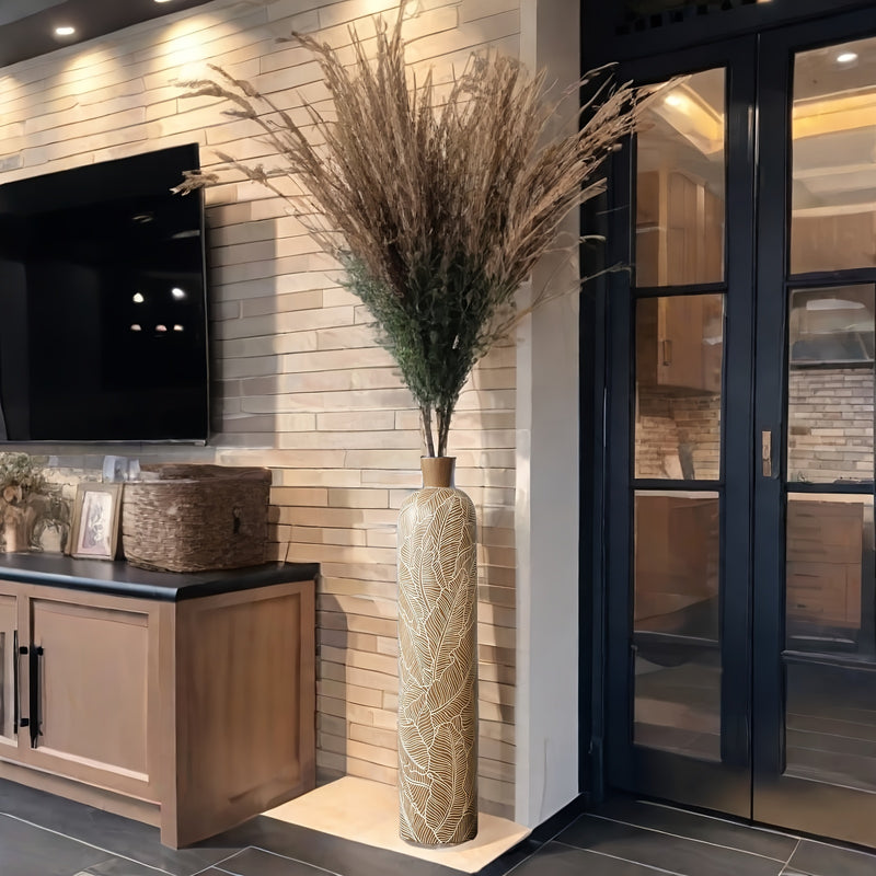 Large Floor Vase Decorative 75cm Leaf Pattern - Cream Beige Botanical Design for Pampas Grass - Living Room Entryway Decor