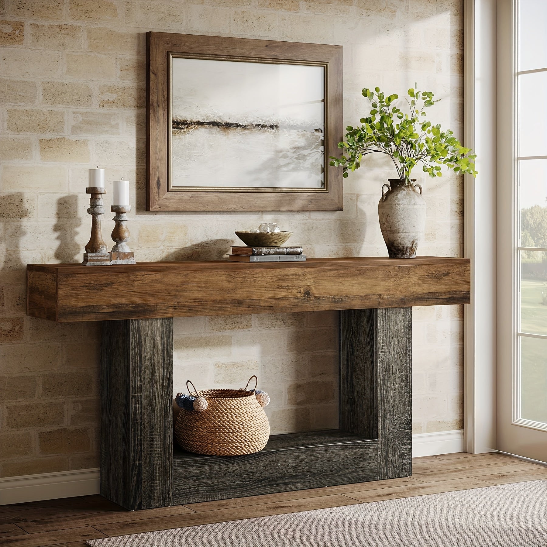 Tavolo Console Rustico 160cm con Doppio Ripiano e Base a U - Legno Massello Effetto Anticato