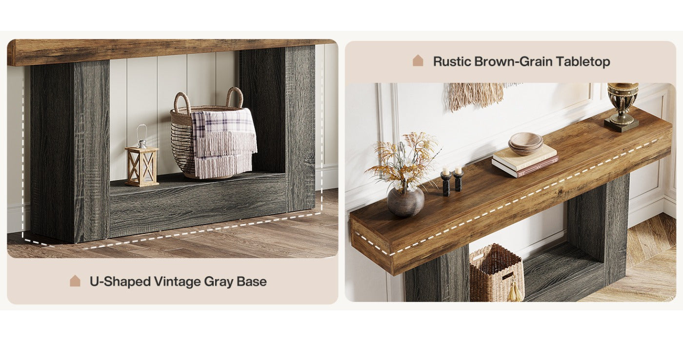 Tavolo Console Rustico 160cm con Doppio Ripiano e Base a U - Legno Massello Effetto Anticato