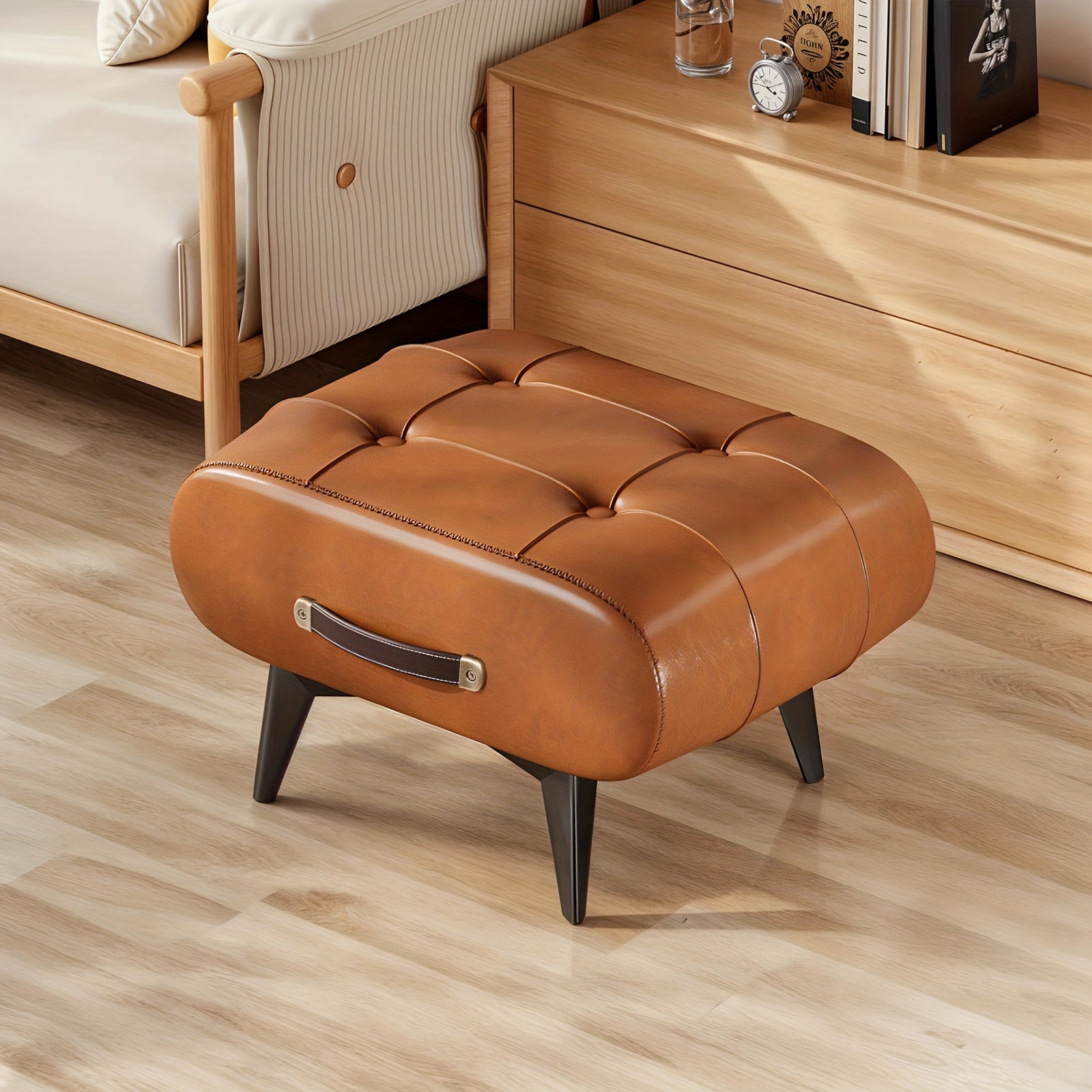 Poggiapiedi Rettangolare in Ecopelle - Design Contemporaneo con Maniglia per Soggiorno, Camera da Letto e Ingresso