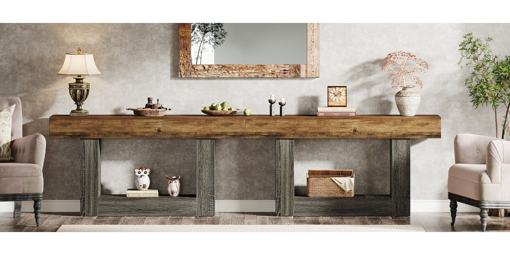 Tavolo Console Rustico 160cm con Doppio Ripiano e Base a U - Legno Massello Effetto Anticato