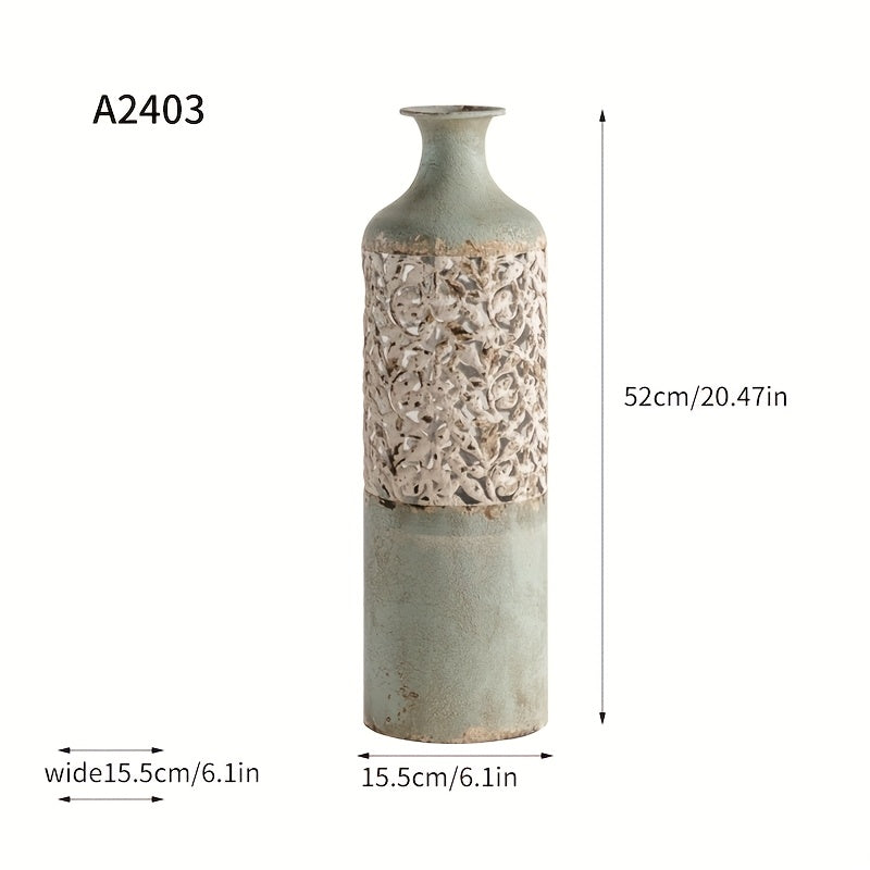 Vintage Cast Iron Floor Vase 52-67cm Pierced Floral Motif - Rustic Shabby Chic Design for Living Room - Elegant Decoration for Dried and Artificial Flowers