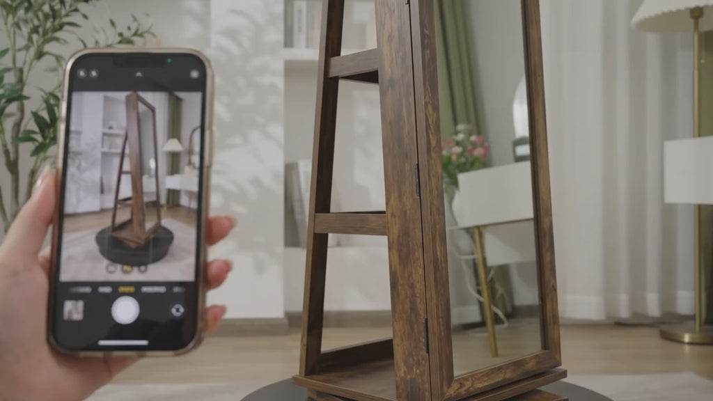 Wooden freestanding mirror photographed with a smartphone in a living room