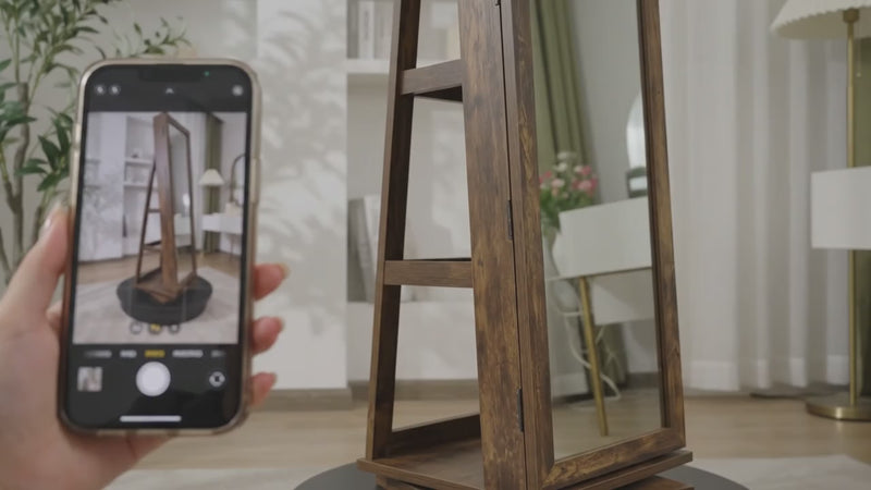 Wooden freestanding mirror photographed with a smartphone in a living room