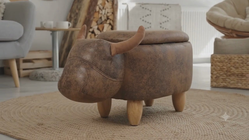 Pouf Contenitore Mucca con Stoccaggio Ecopelle Vintage Gambe Legno