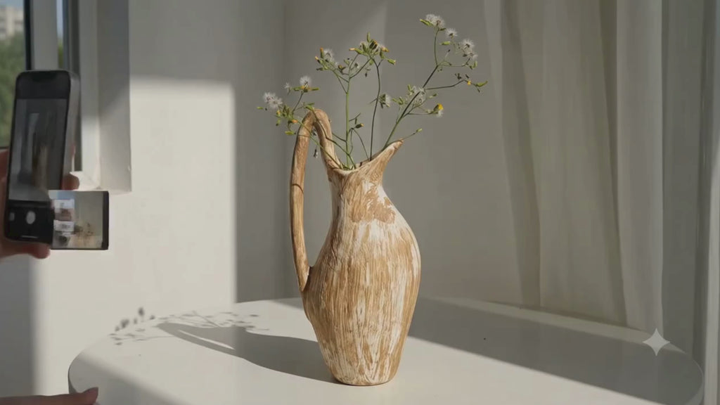 Vaso in Ceramica Effetto Legno SYLVA - Design Country Cottage con Manico Decorativo 24cm